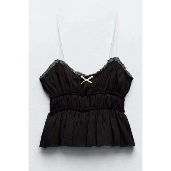 Zara Tops - NWT Zara‎ Pleated Smocked Camisole Women L Black Bow Peplum Tank Top Festival